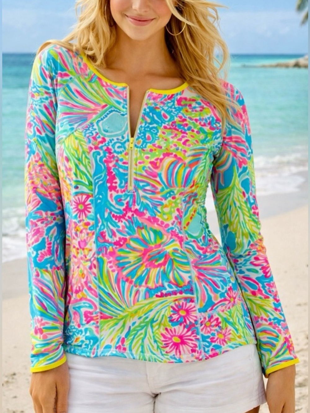 LILLY PULITZER Lover’s Coral Sydney Sun Guard Rash Guard Swimwear